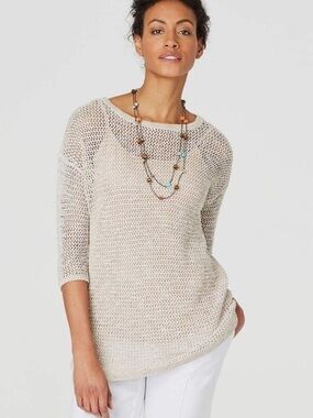 J. Jill Linen/Cotton Blend White Open Knit Beachy Coastal Tunic Top Size S